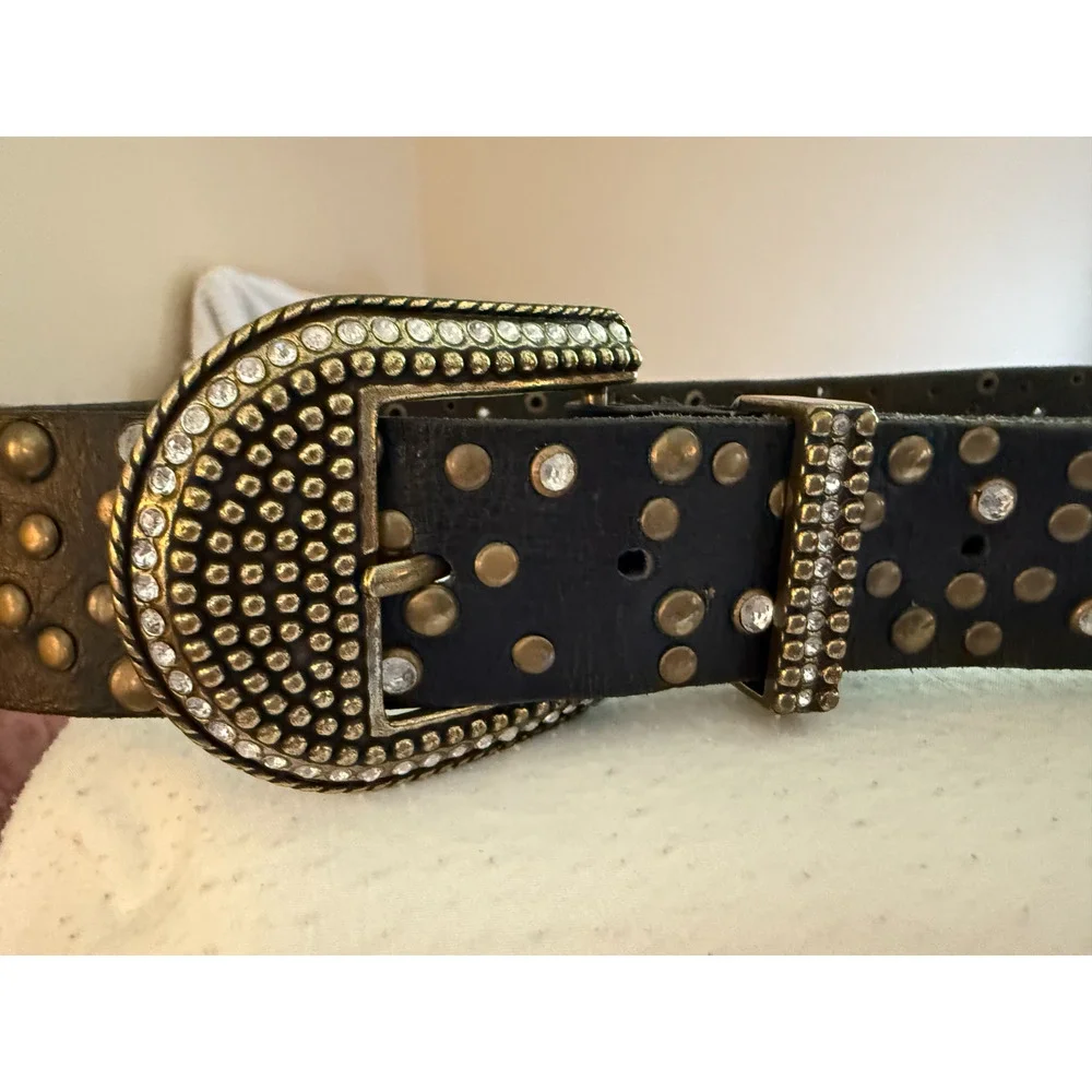 Arizona Black Leather Womens Belt Size S Western Rhinestone Studded Buckle Boho